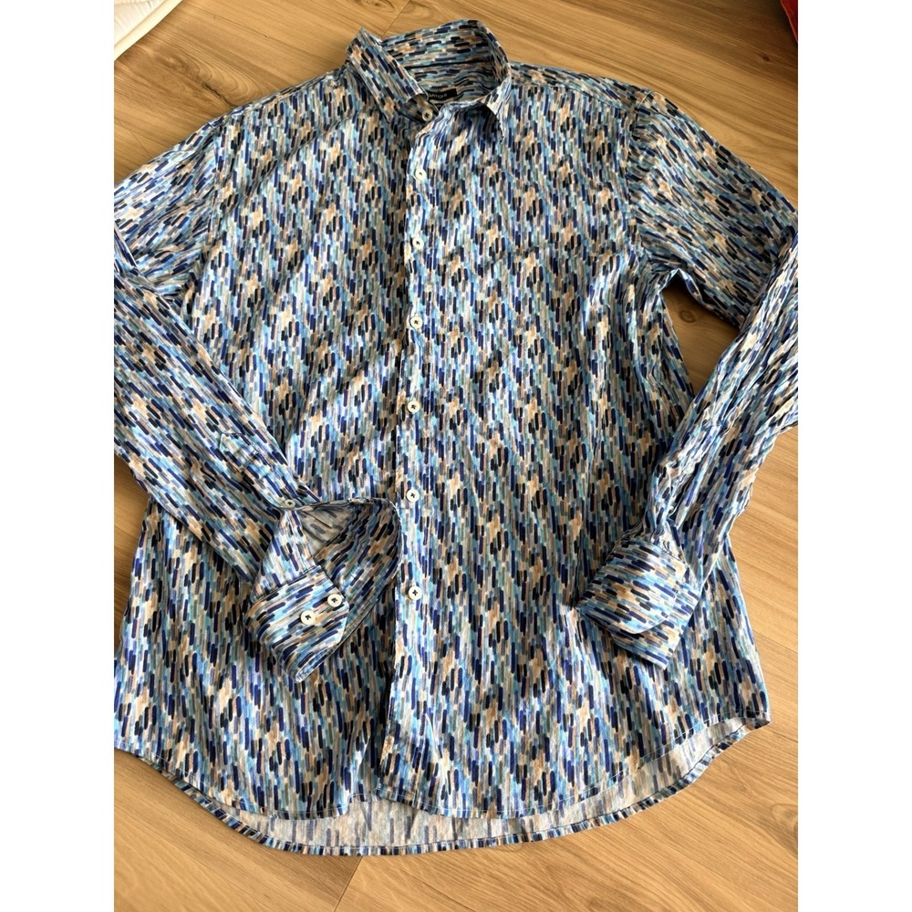 BUGATCHI Classic Fit Shirt Blue Black Abstract Print Button Up Long Sleeve Mens - Picture 3 of 5